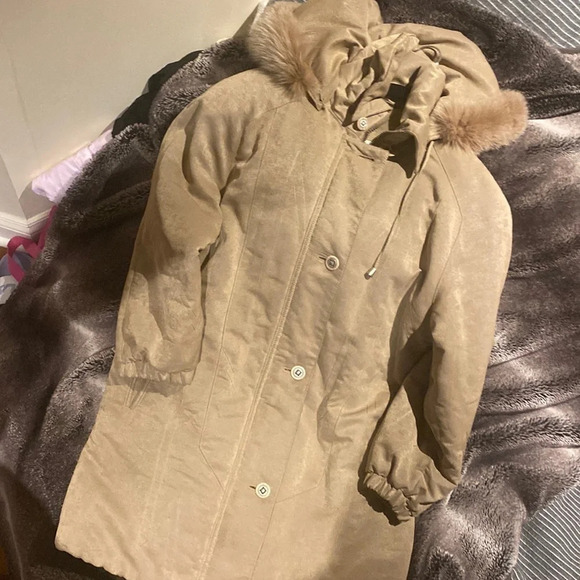 Cleo petites tan faux fur trim soft suede puffer jacket Sz PM - Picture 9 of 14